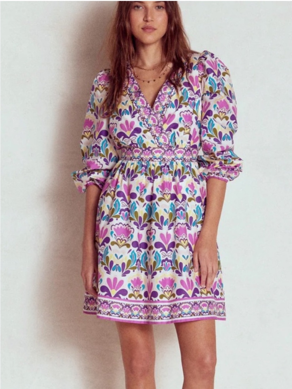 Boden Mya Cotton Mini Dress 14 Purple Floral V Neck Long Sleeve Fit Flare